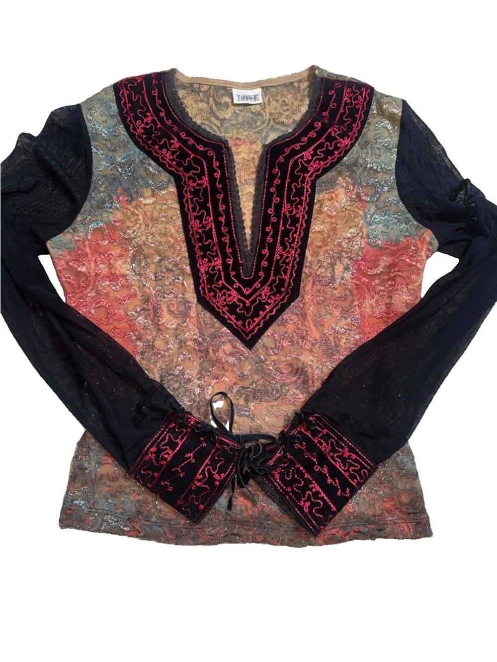 Love Amour Y2K Embroidered Burnout Mesh Sleeve Boho Tunic Top